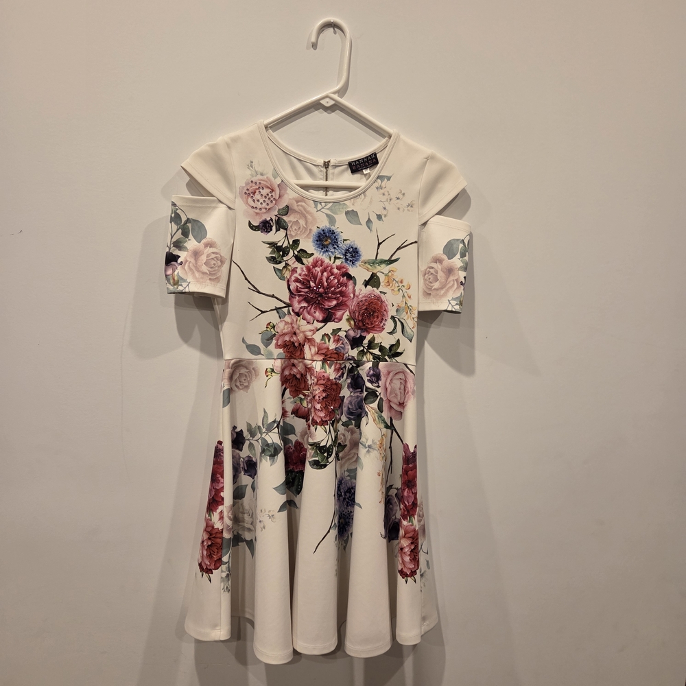 Floral Fit-and-Flare Kids Dress - Cream with Pink & Green Floral Print